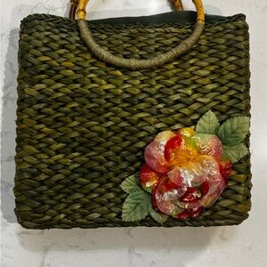 Woven Handbag with Floral Accent